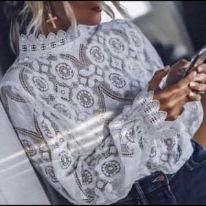 Long Sleeve High Neck Lace Blouse White Boho Chic